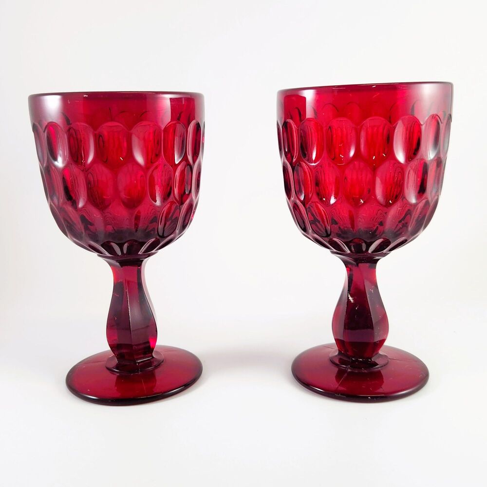 Fenton Ruby Thumbprint Water Glass Set of 2 Red Goblets Retired - USA Made